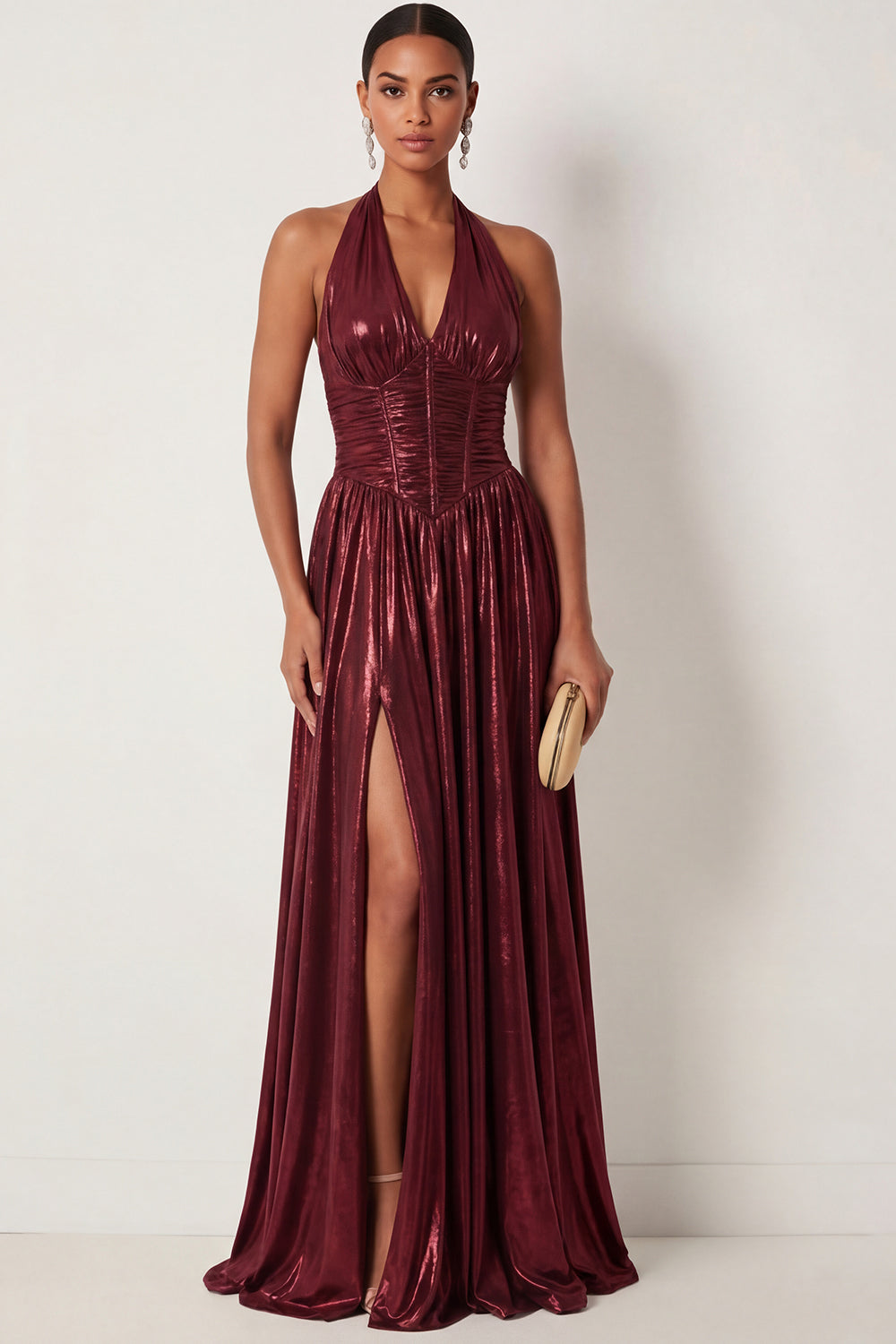 A Line Burgundy Corset Halter Neck Metallic Long Formal Dress with Slit