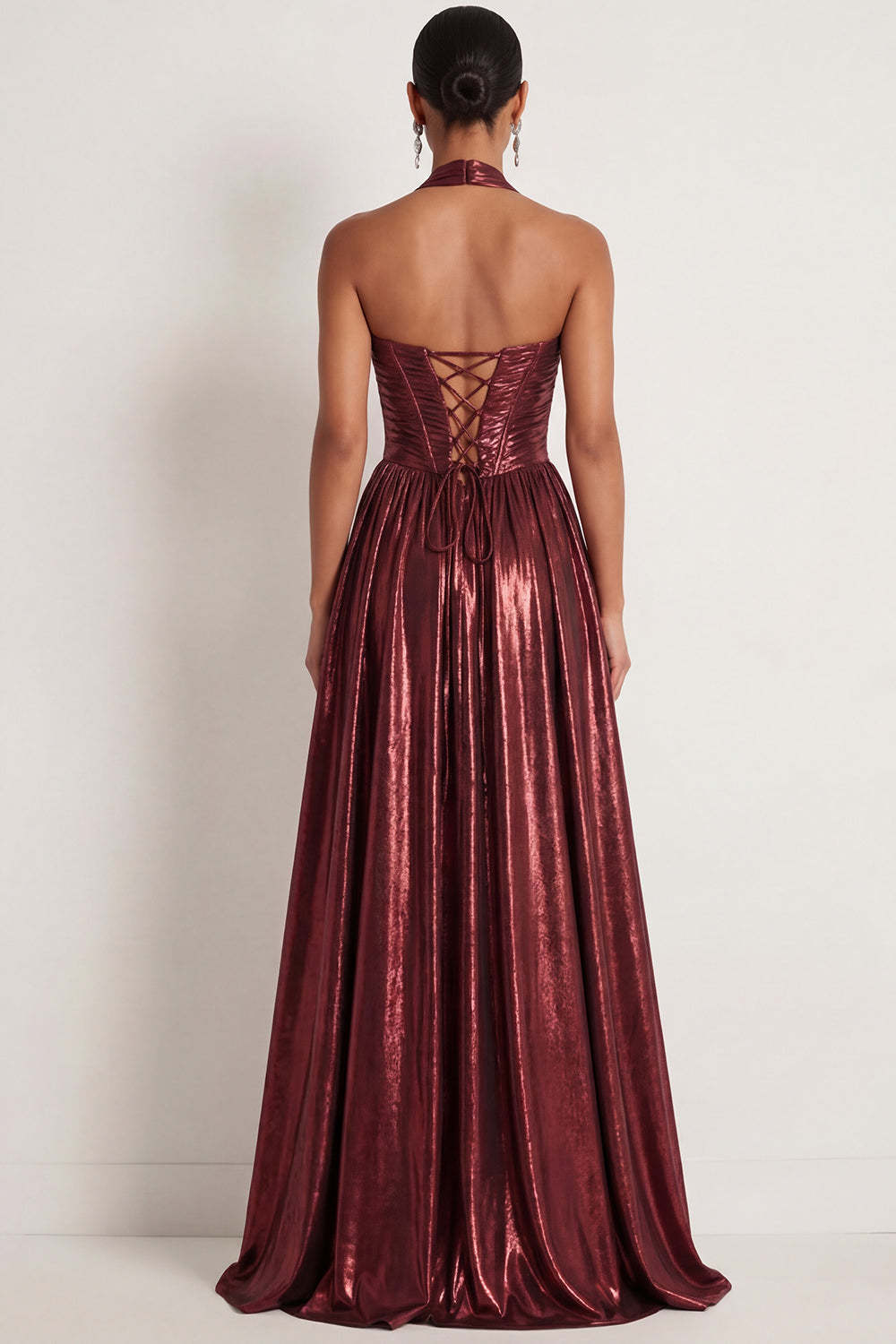 A Line Burgundy Corset Halter Neck Metallic Long Formal Dress with Slit