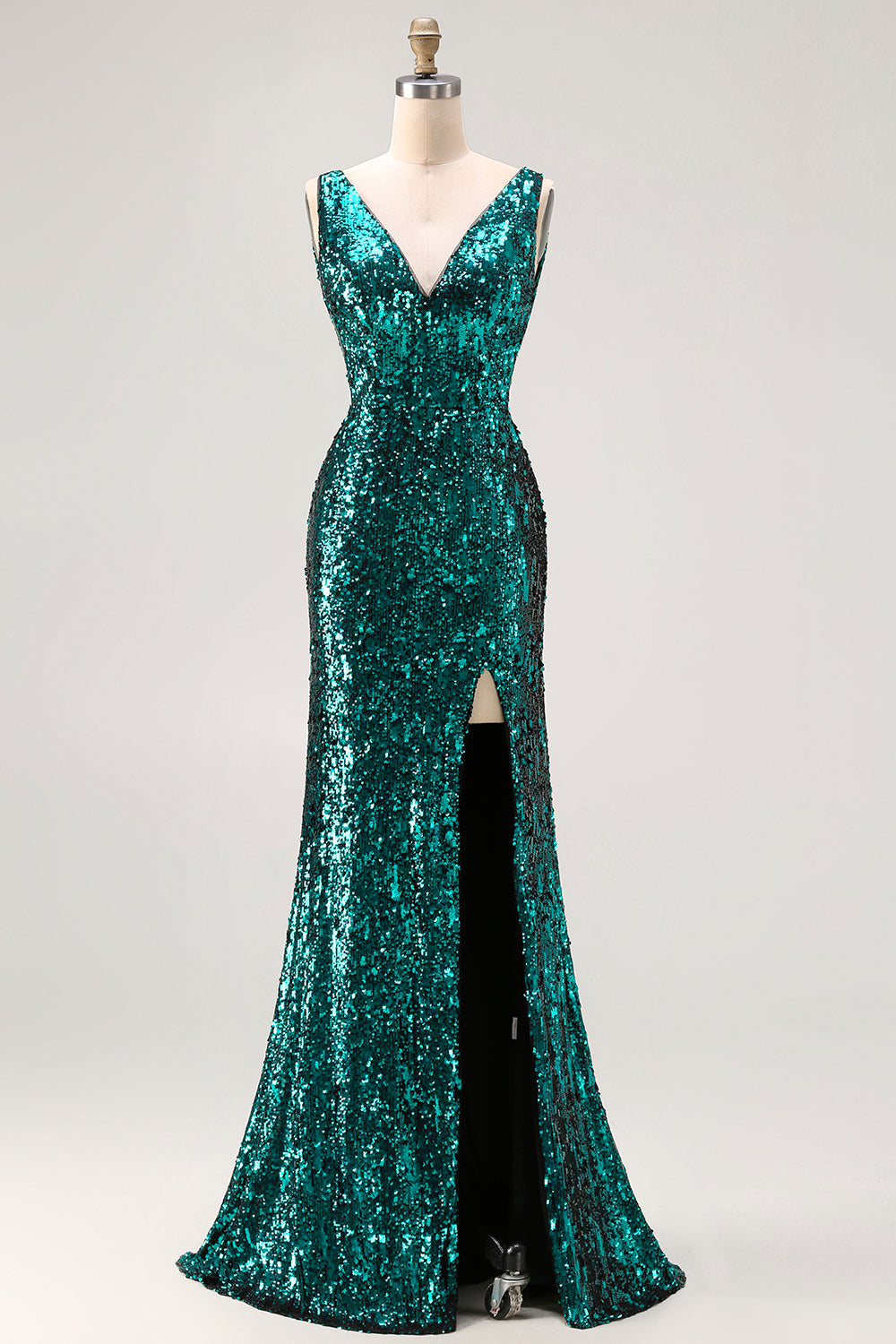 Leely Women Sparkly Peacock Green Sequin Maxi Prom Dress with Slit V-Neck Backless Mermaid Gala Dress