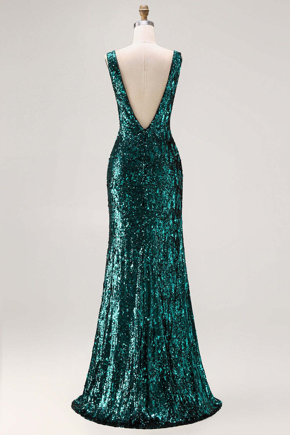 Sparkly Sequin Peacock Green V-Neck Long Prom Dress with Slit