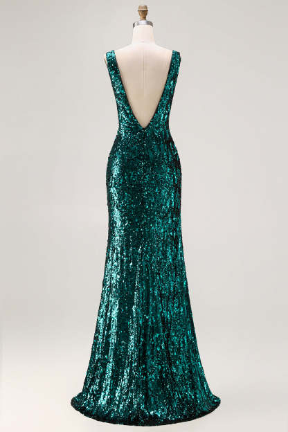 Sparkly Sequin Peacock Green V-Neck Long Prom Dress with Slit