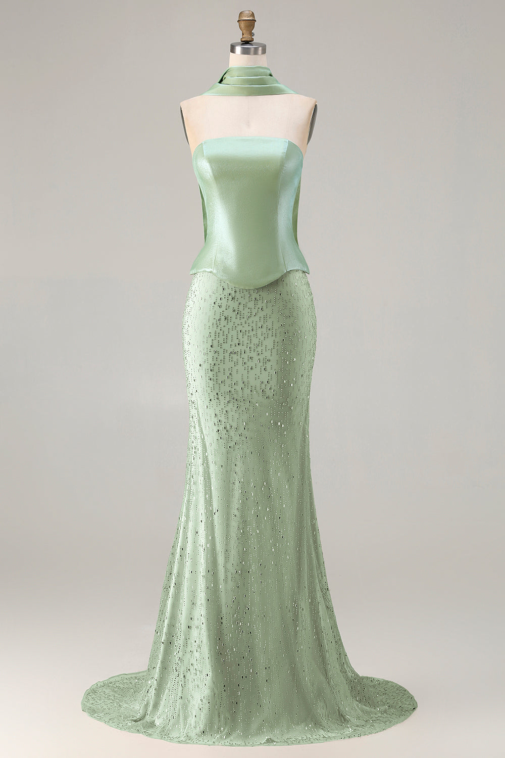 Leely Women Sparkly Sage Green Satin Maxi Prom Dress with Beading Neck Scarf Mermaid Strapless Gala Dress