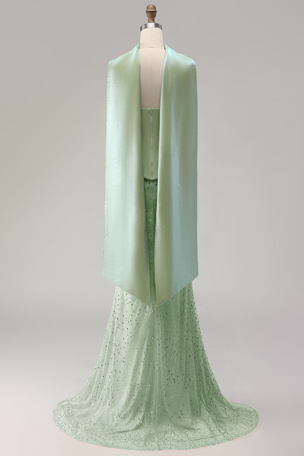 Sparkly Sage Green Mermaid Strapless Neck Scarf Long Prom Dress