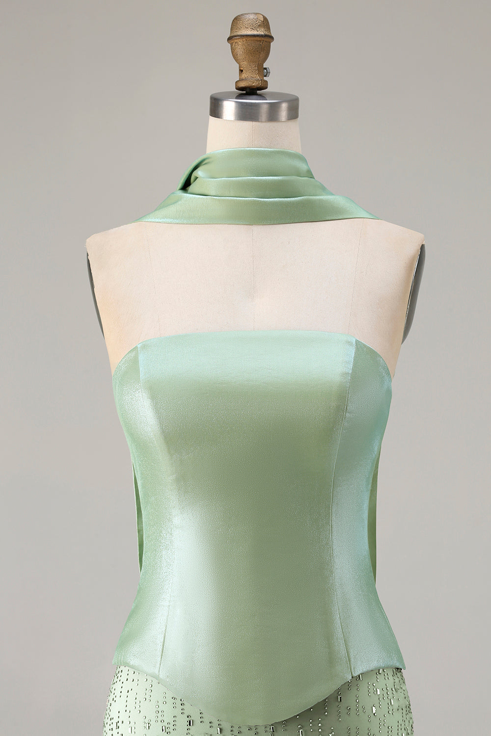 Sparkly Sage Green Mermaid Strapless Neck Scarf Long Prom Dress
