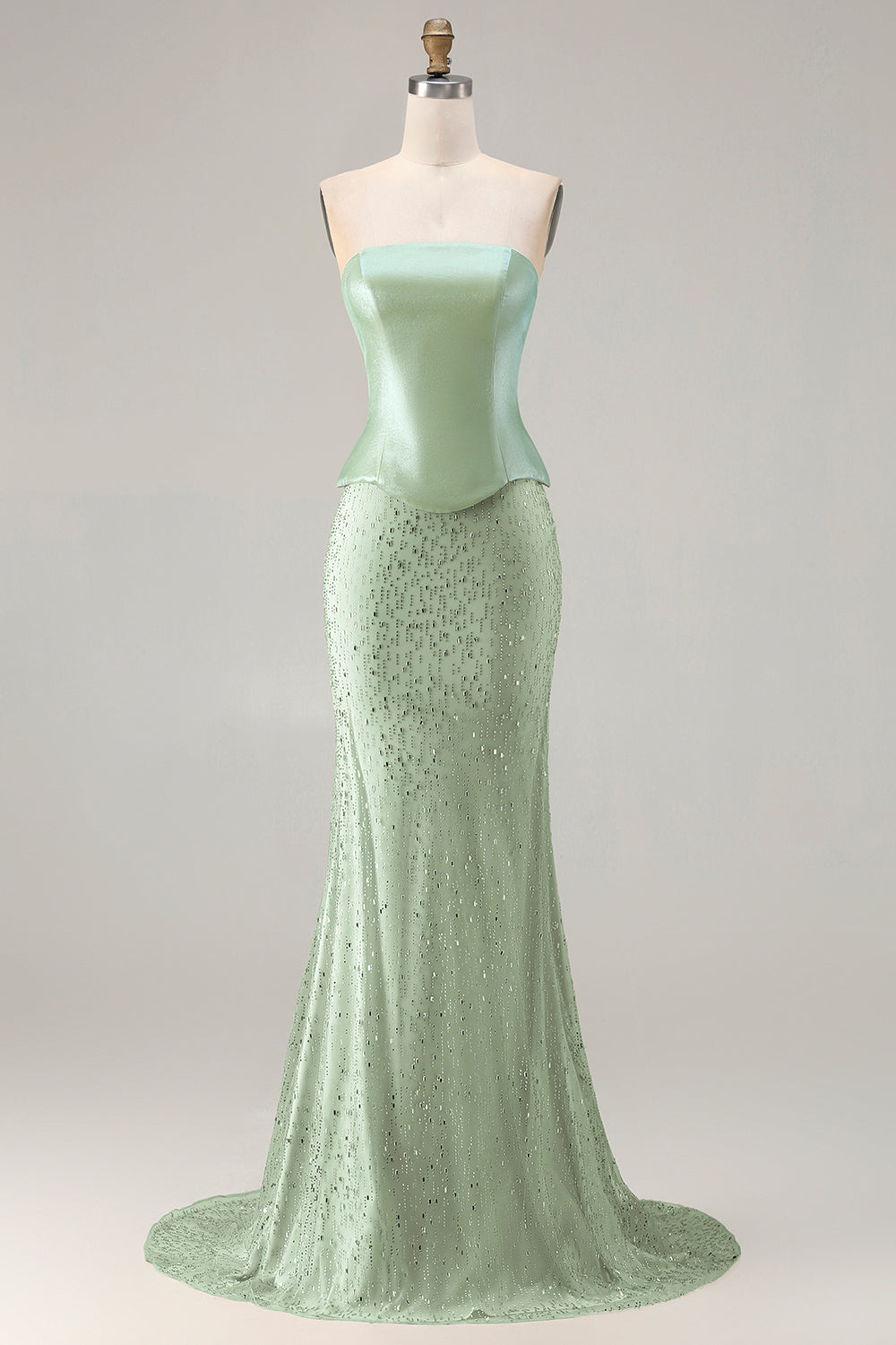 Sparkly Sage Green Mermaid Strapless Neck Scarf Long Prom Dress