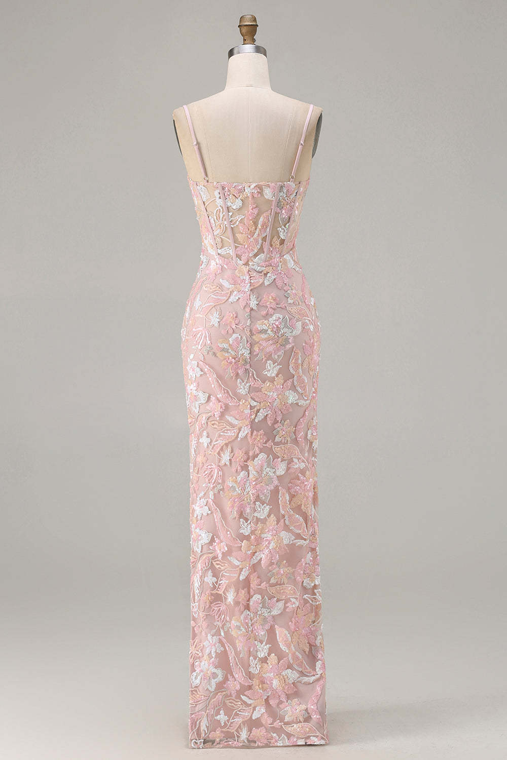 Sparkly Blush Pink Sheath Sequin Long Corset Floral Prom Dress