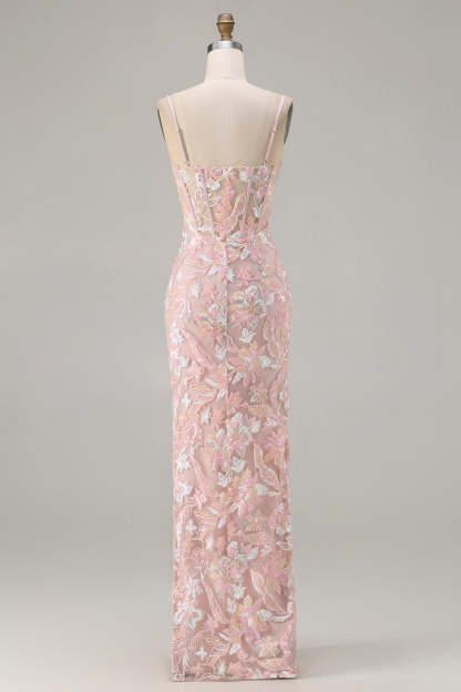 Sparkly Blush Pink Sheath Sequin Long Corset Floral Prom Dress