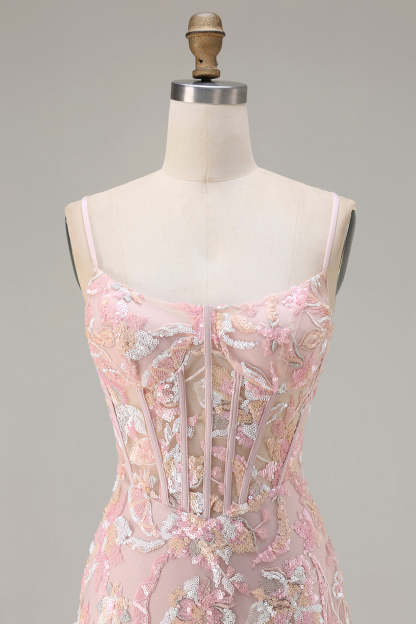 Sparkly Blush Pink Sheath Sequin Long Corset Floral Prom Dress