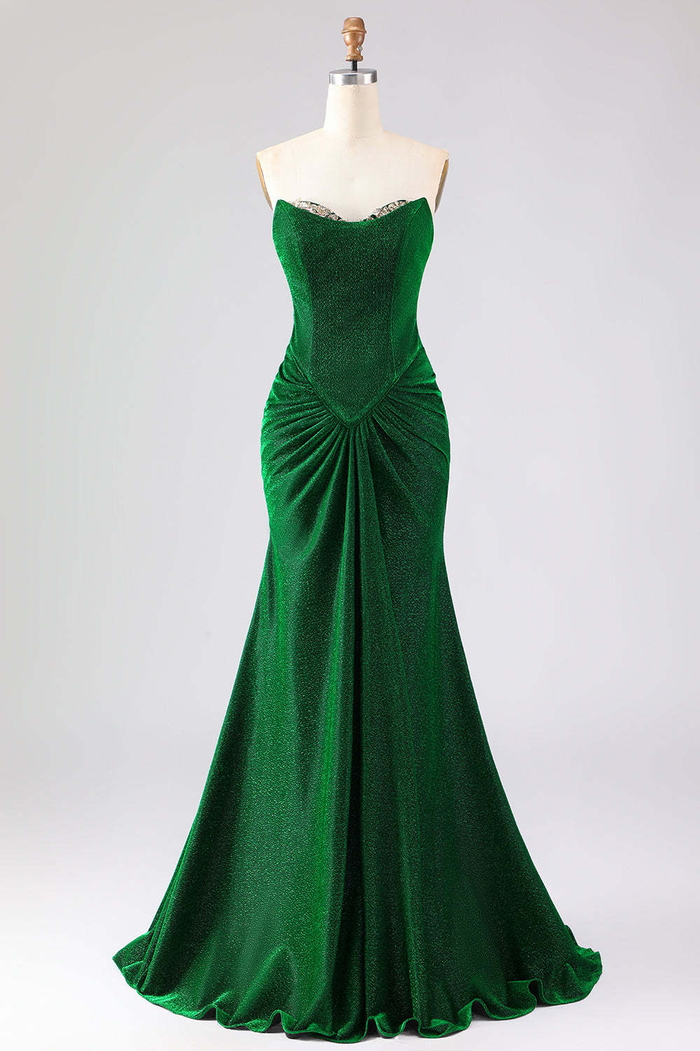 Leely Women Sparkly Dark Green Mermaid Maxi Prom Dress with Rhinestone Glitter Sweetheart Strapless Lace Up Back Ruched Formal Dress