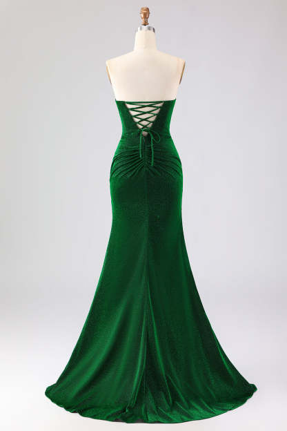 Sparkly Dark Green Ruched Mermaid Long Prom Dress with Rhinestone