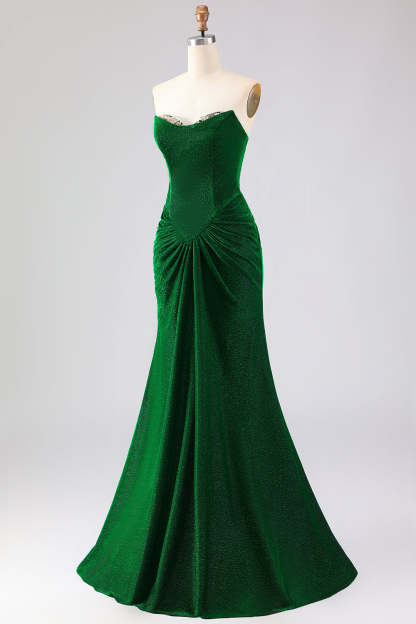 Sparkly Dark Green Ruched Mermaid Long Prom Dress with Rhinestone