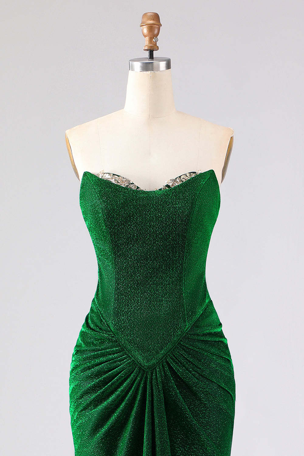 Sparkly Dark Green Ruched Mermaid Long Prom Dress with Rhinestone