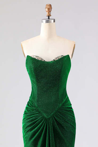 Sparkly Dark Green Ruched Mermaid Long Prom Dress with Rhinestone