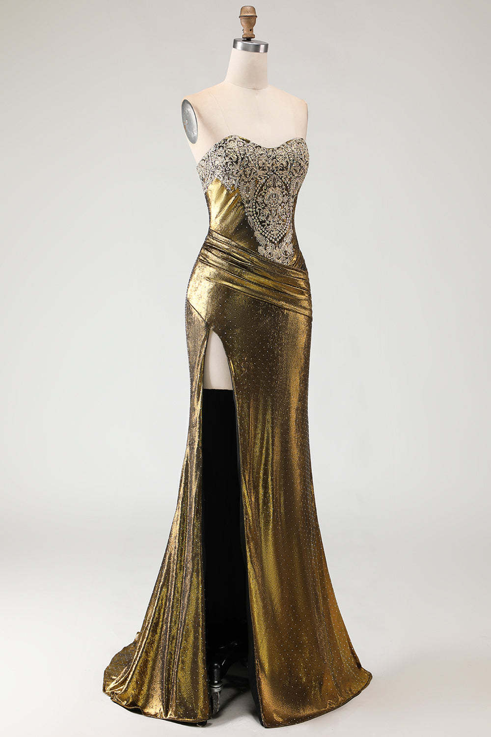 Sparkly Bronze Mermaid Long Metallic Sweetheart Prom Dress with Slit