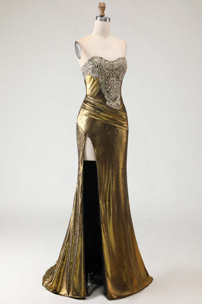 Sparkly Bronze Mermaid Long Metallic Sweetheart Prom Dress with Slit
