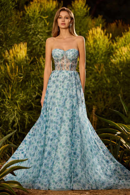 Leely Women Sparkly Blue Floral Chiffon Maxi Corset Prom Dress with Slit Detachable Straps Lace Up Back A Line Pageant Dress with Beading