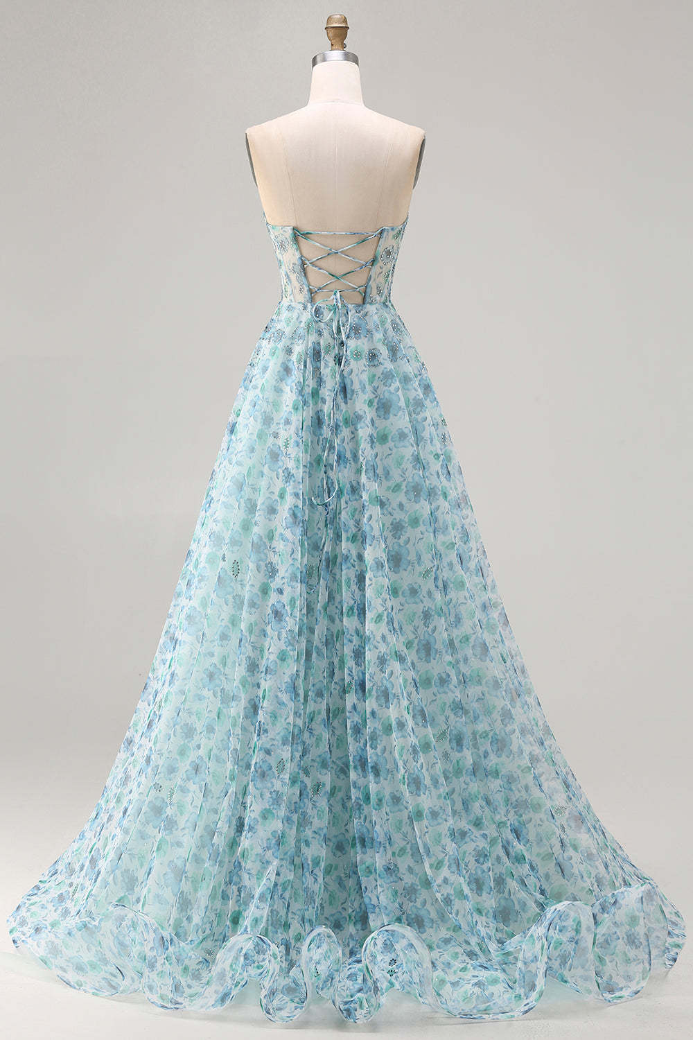 Sparkly Blue Floral Beaded Chiffon Long Corset Prom Dress with Slit