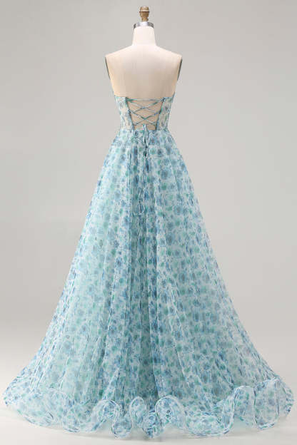 Sparkly Blue Floral Beaded Chiffon Long Corset Prom Dress with Slit