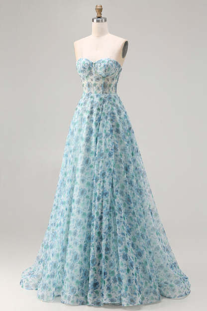 Sparkly Blue Floral Beaded Chiffon Long Corset Prom Dress with Slit