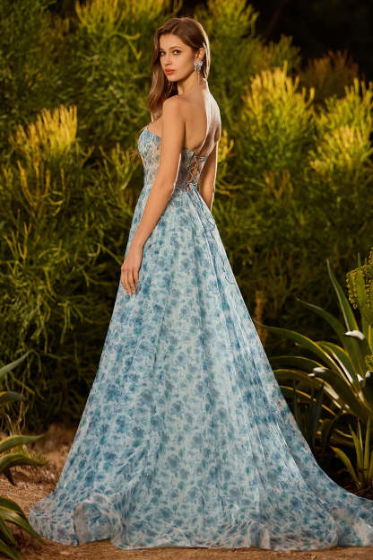 Floral Blue Sparkly Beaded Chiffon Maxi Corset Prom Dress with Slit