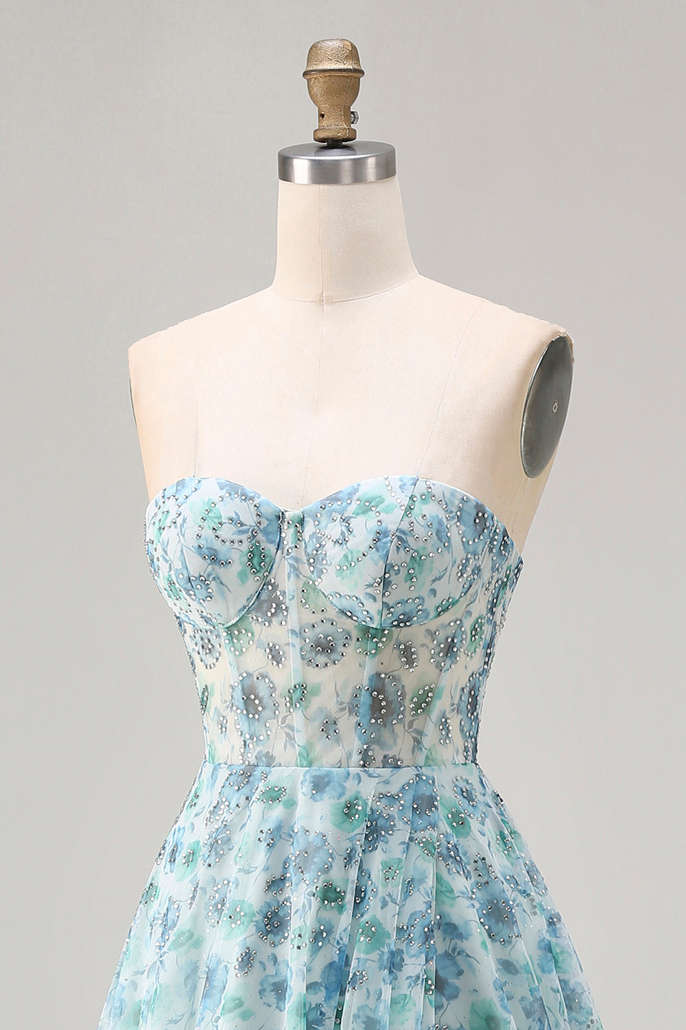 Sparkly Blue Floral Beaded Chiffon Long Corset Prom Dress with Slit