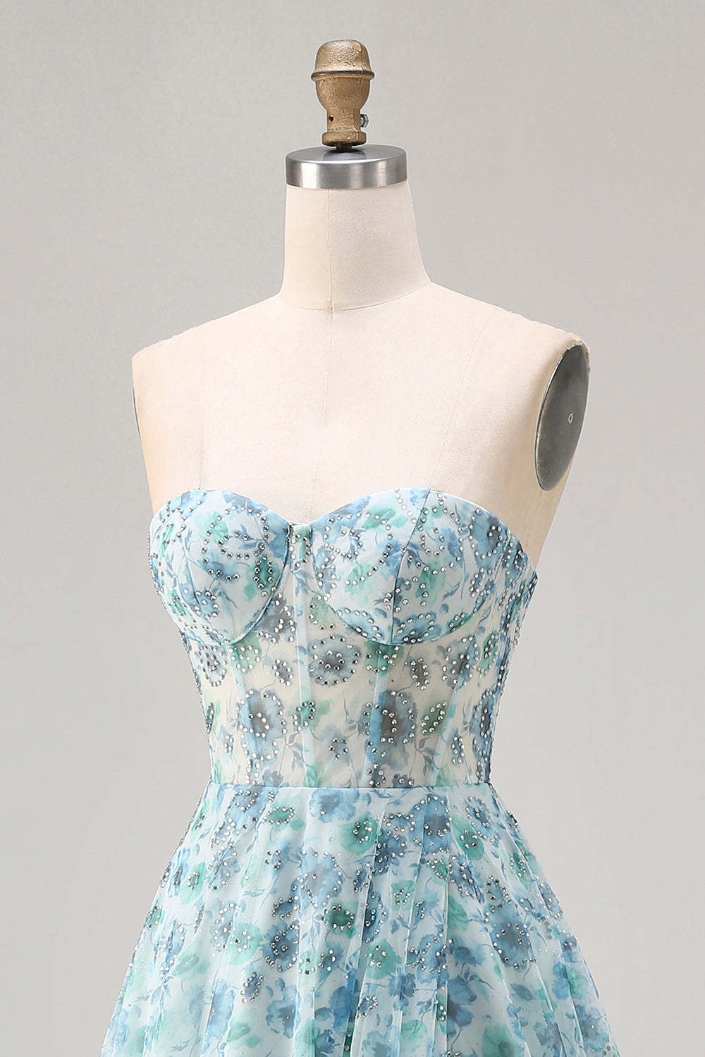 Sparkly Blue Floral Beaded Chiffon Long Corset Prom Dress with Slit