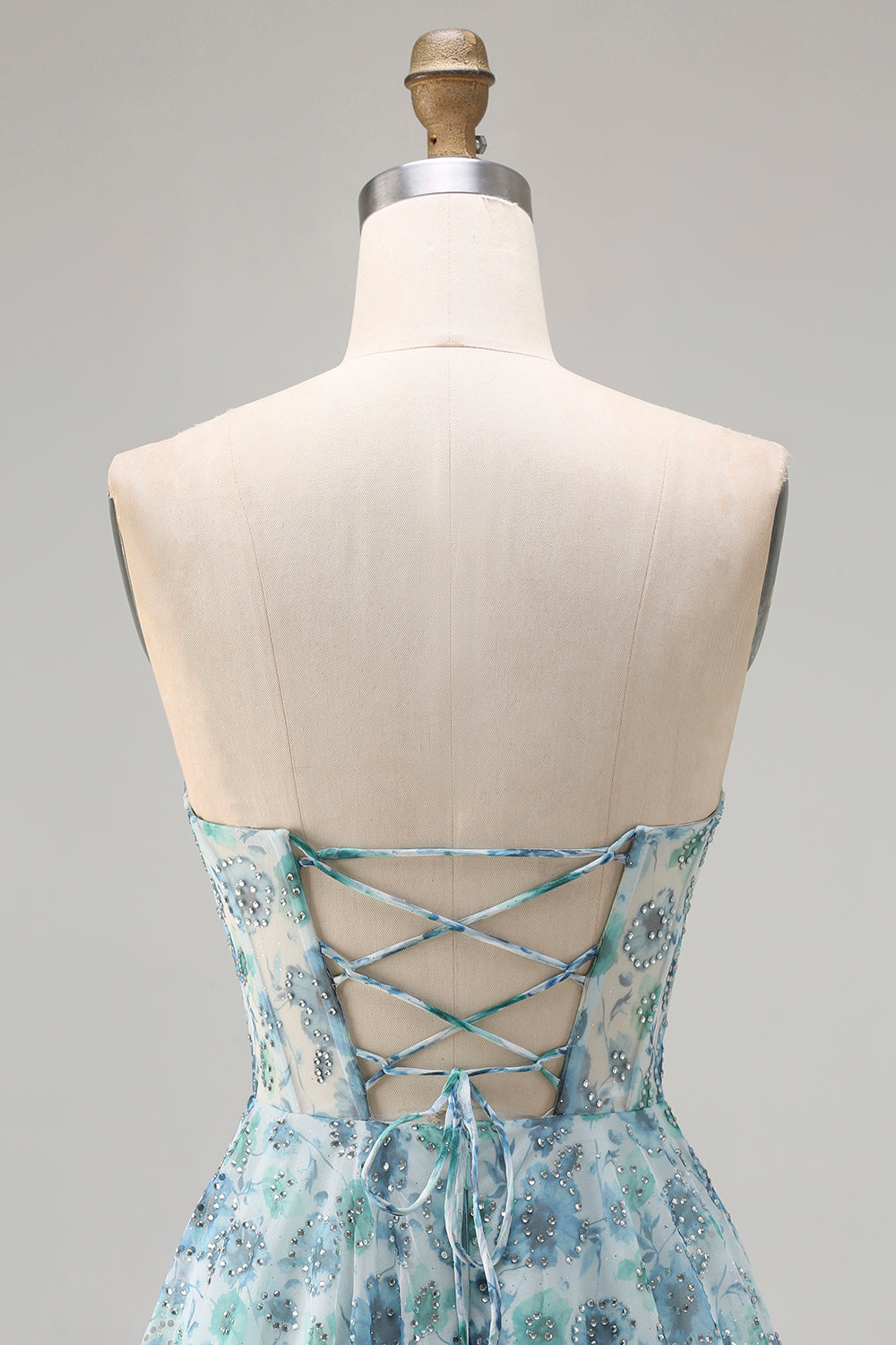 Sparkly Blue Floral Beaded Chiffon Long Corset Prom Dress with Slit