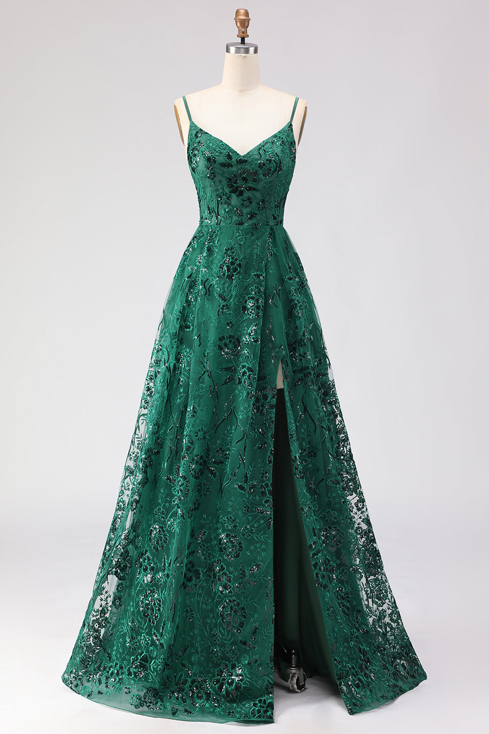 Leely Women Sparkly Dark Green Floral Long Prom Dress with Slit Lace A Line Spaghetti Straps Lace Up Back Pageant Dress with Sequin