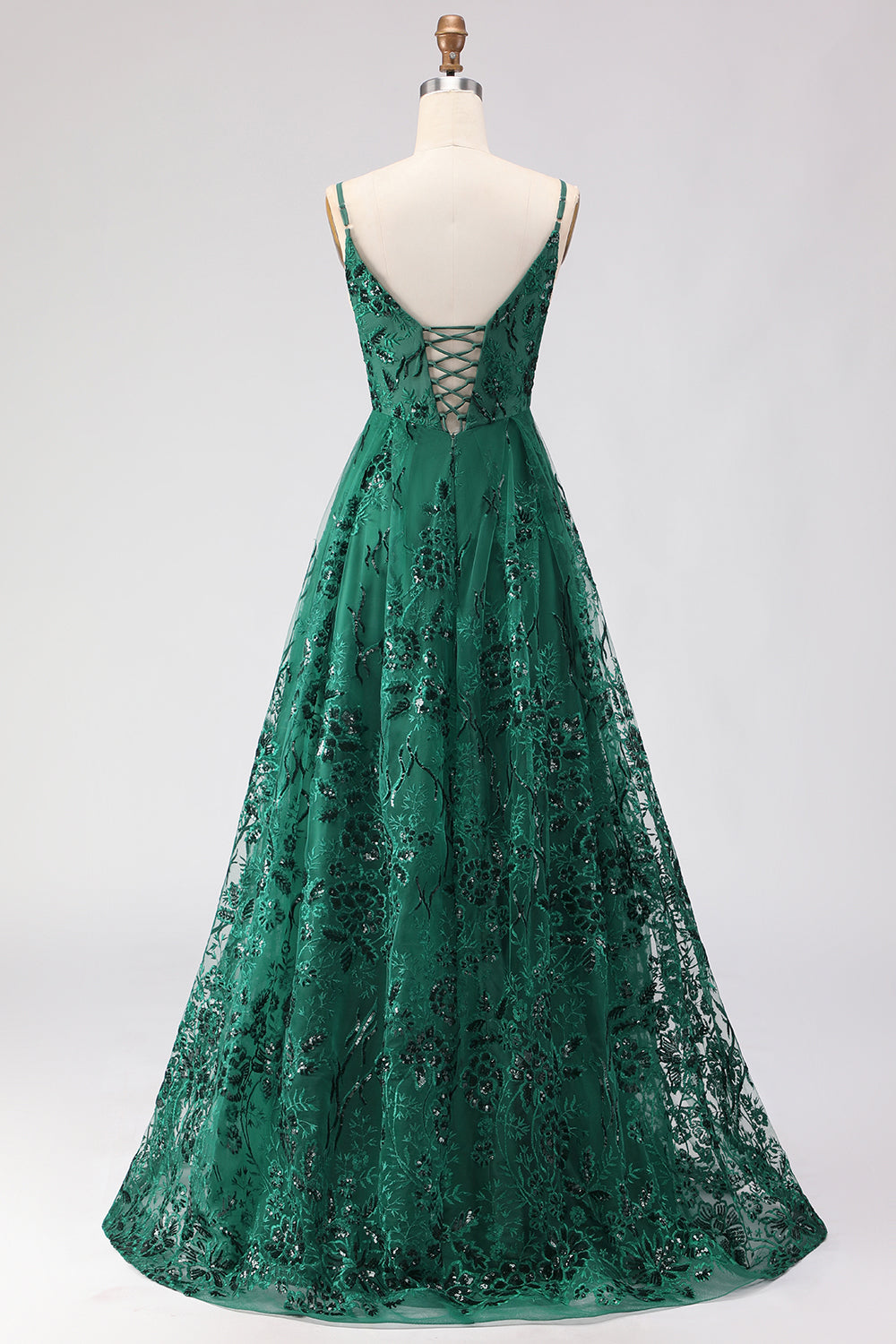 Sparkly Floral Dark Green Lace A Line Long Prom Dress with Slit