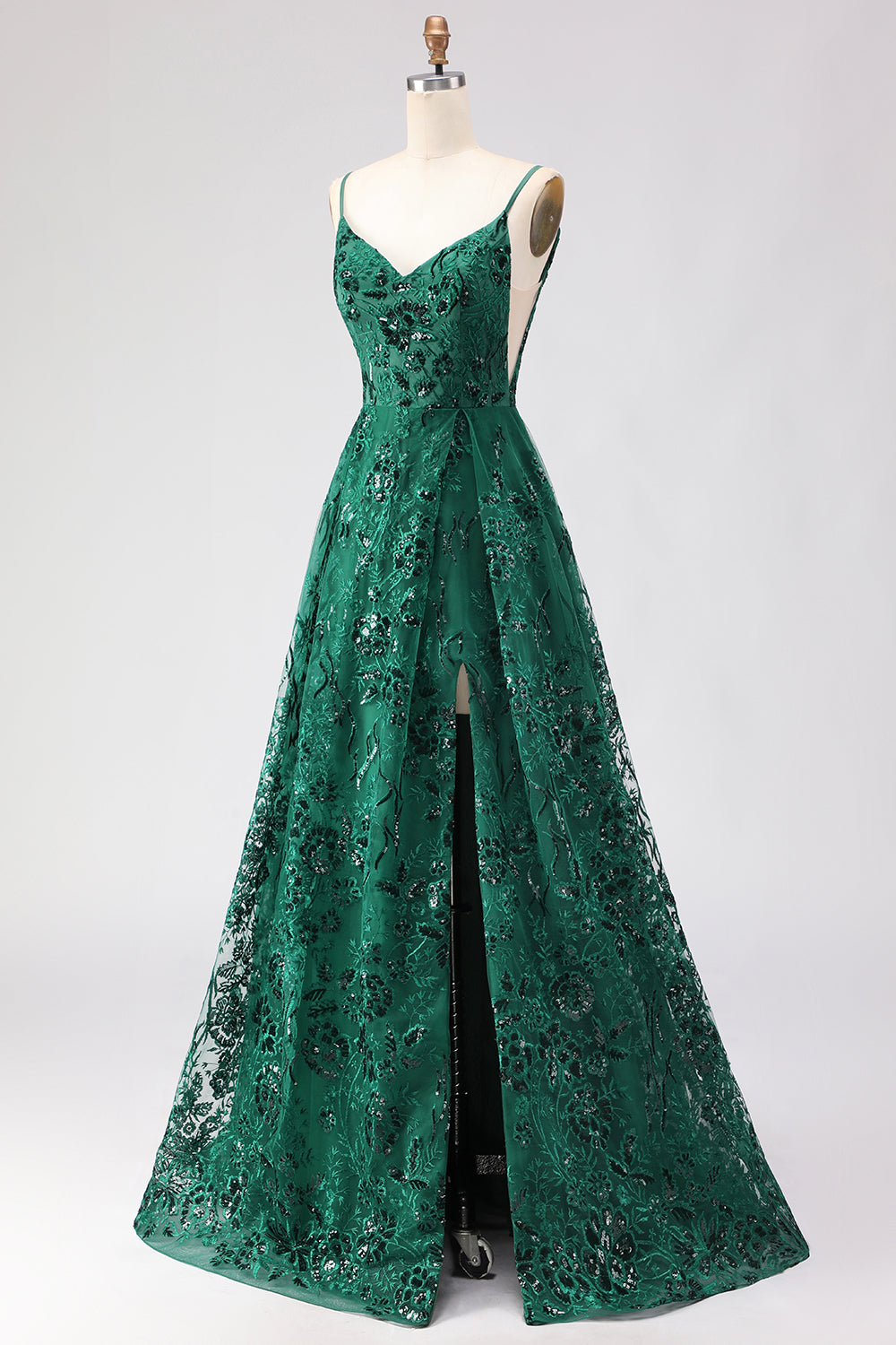 Sparkly Floral Dark Green Lace A Line Long Prom Dress with Slit