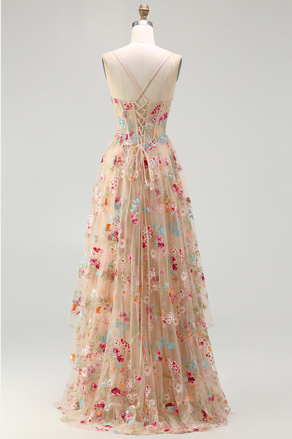 Sparkly Champagne Flowers Corset A-Line Long Prom Dress with Slit