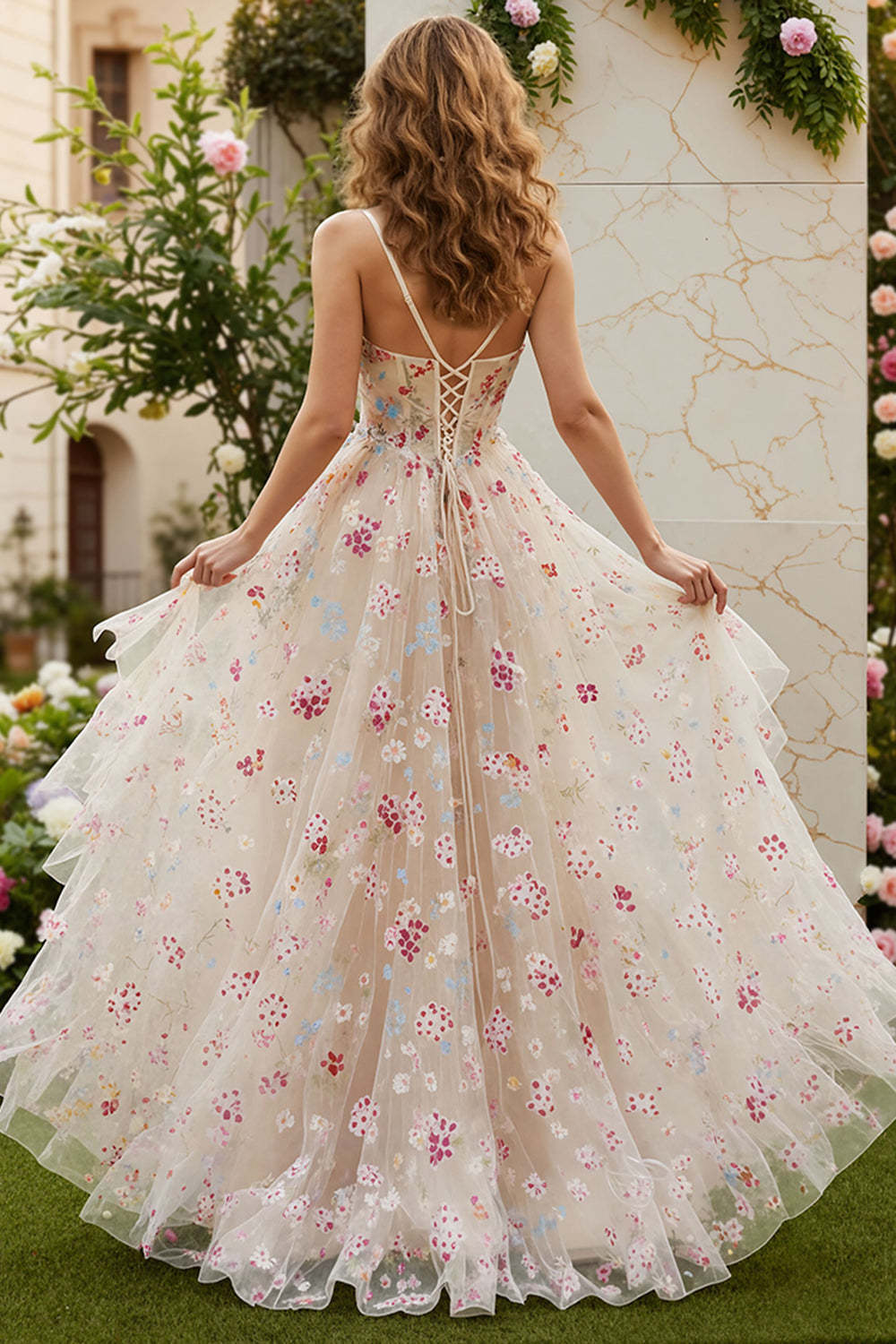 Floral Ivory Spaghetti Straps A-Line Maxi Corset Prom Dress with Slit