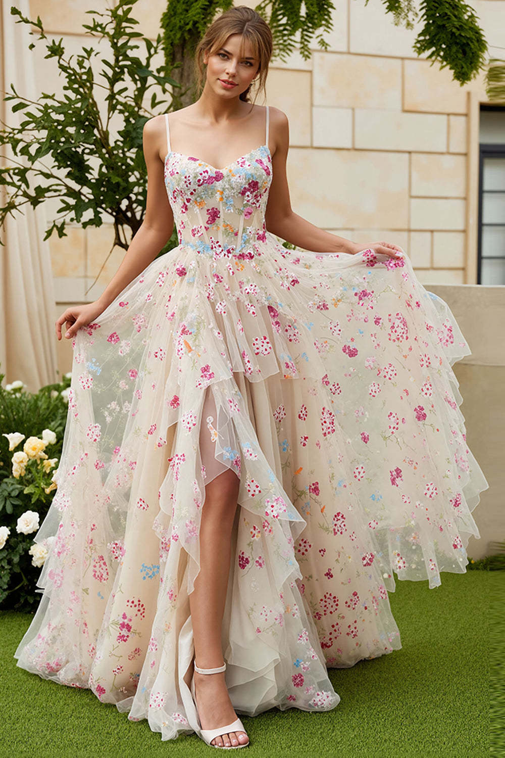 Floral Ivory Spaghetti Straps A-Line Maxi Corset Prom Dress with Slit