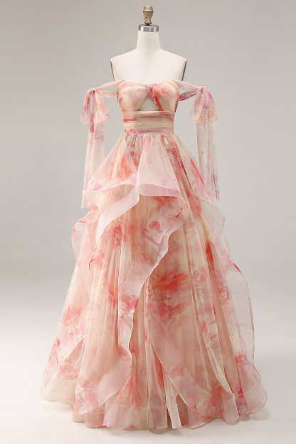 Sunset Ruffled Cut Out A Line Long Prom Dress with Keyhole