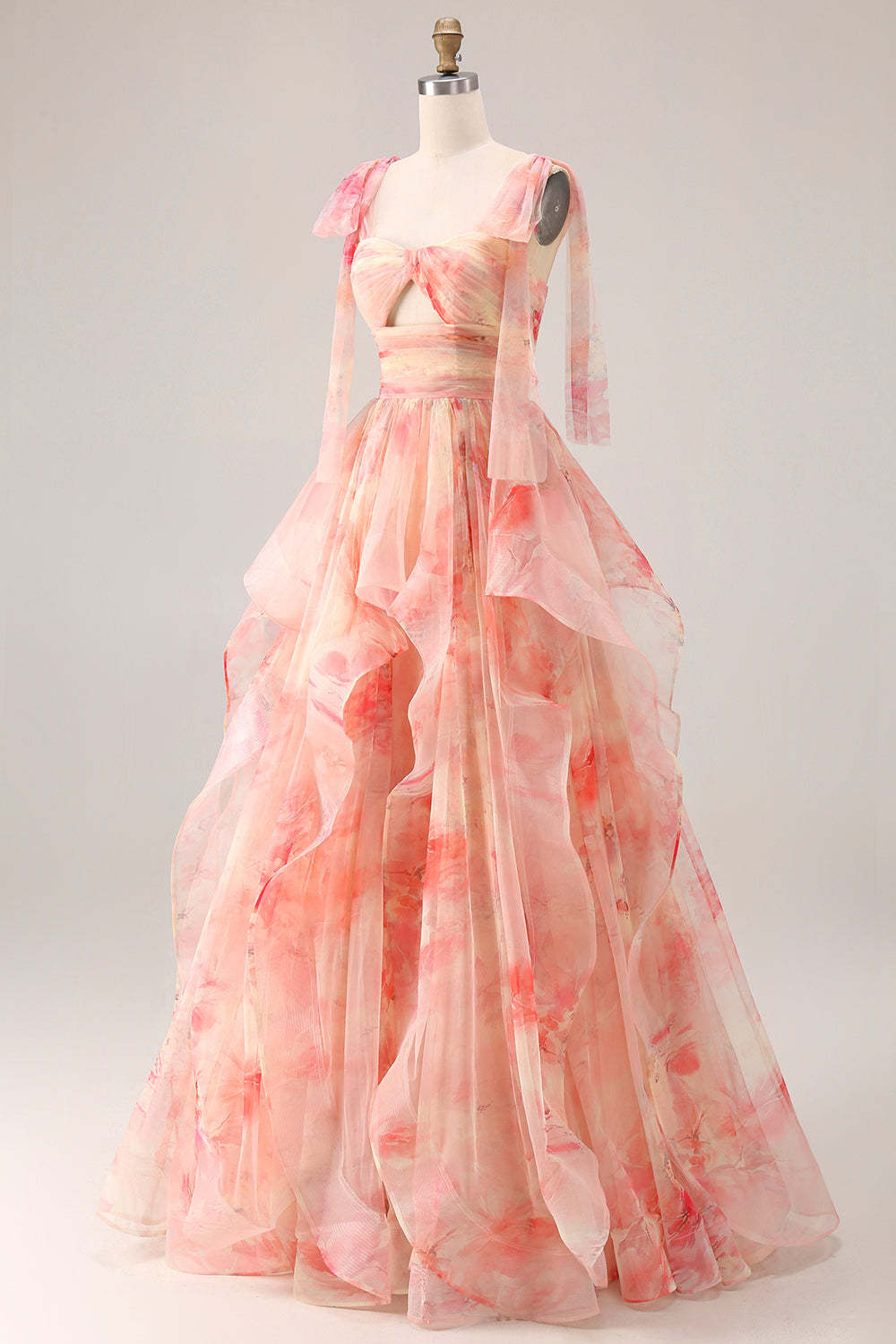 Sunset Ruffled Cut Out A Line Long Prom Dress with Keyhole