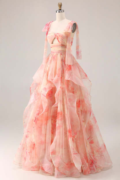 Sunset Ruffled Cut Out A Line Long Prom Dress with Keyhole