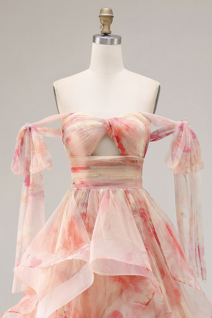 Sunset Ruffled Cut Out A Line Long Prom Dress with Keyhole