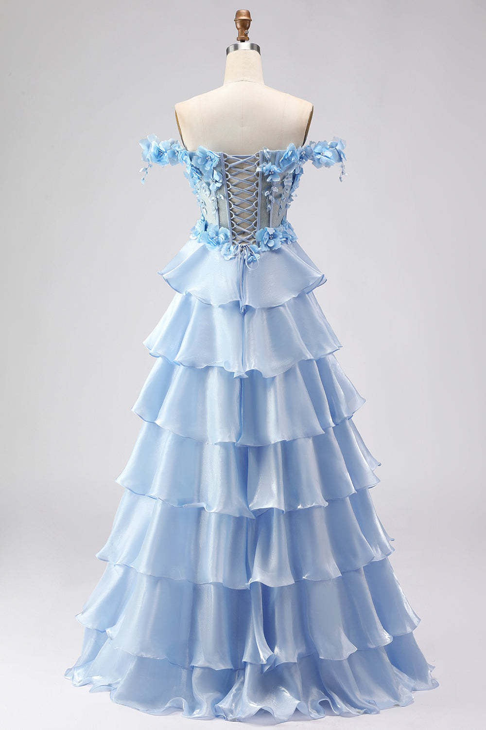 Floral Light Blue A-Line Tiered Long Corset Prom Dress with Ruffles