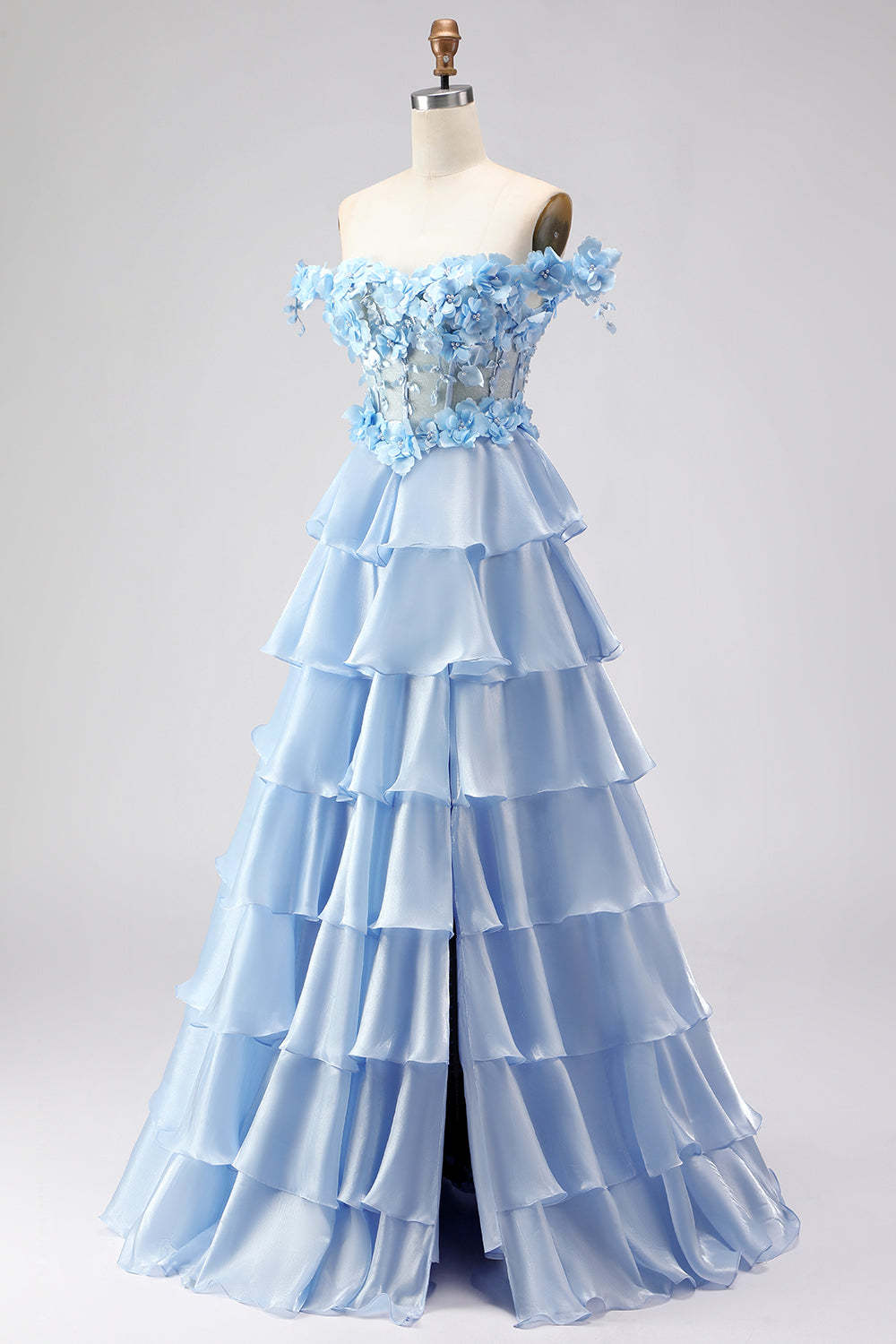 Floral Light Blue A-Line Tiered Long Corset Prom Dress with Ruffles