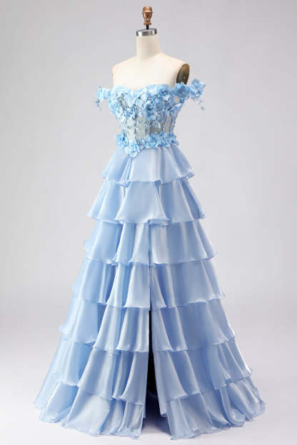 Floral Light Blue A-Line Tiered Long Corset Prom Dress with Ruffles