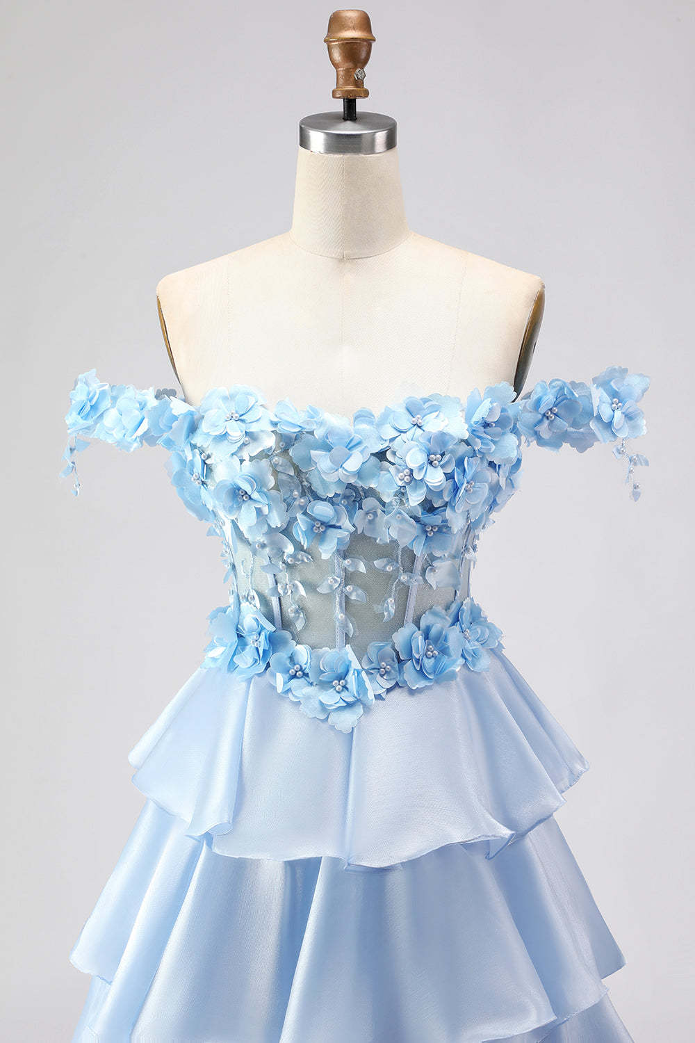 Floral Light Blue A-Line Tiered Long Corset Prom Dress with Ruffles