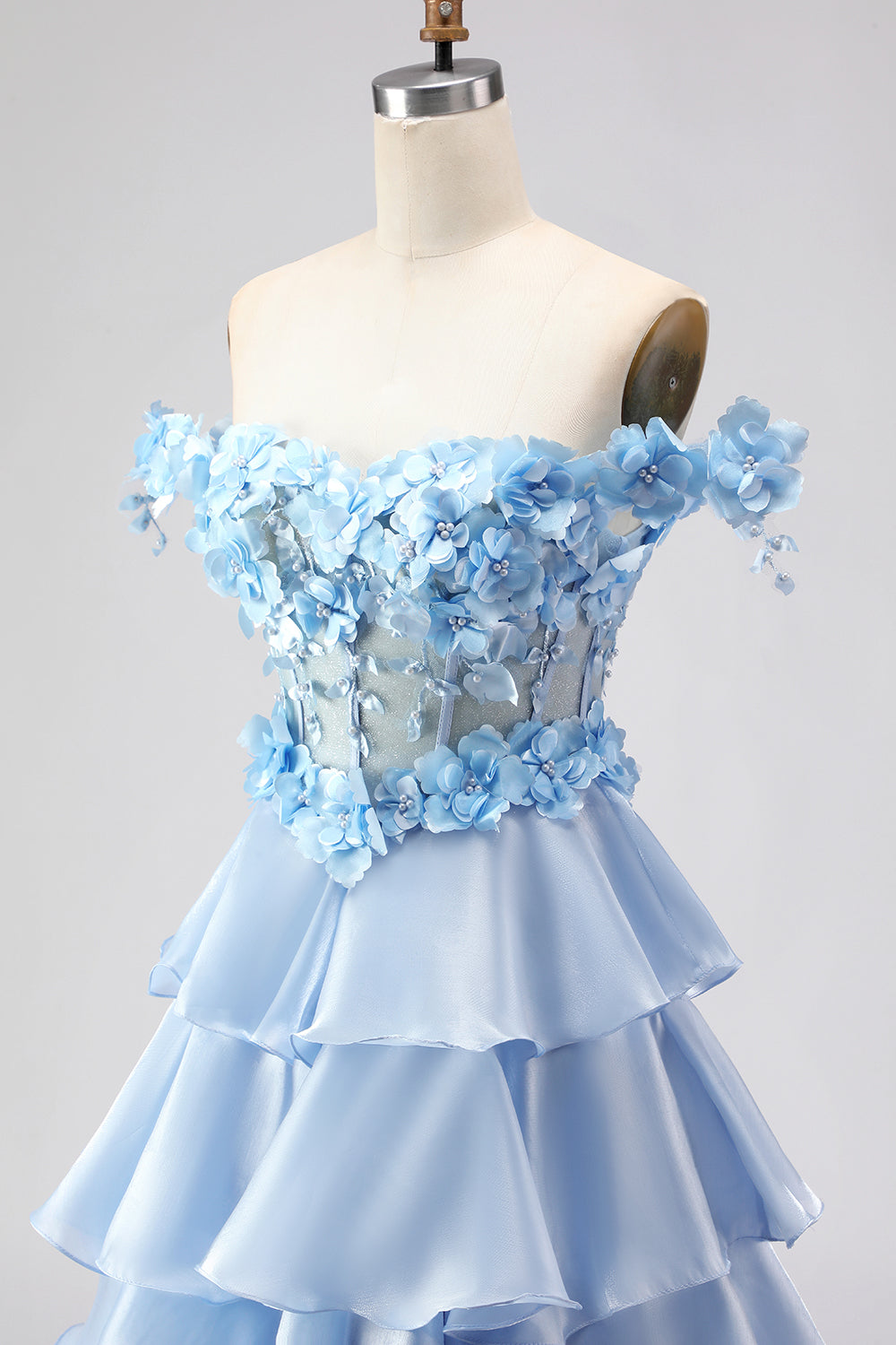 Floral Light Blue A-Line Tiered Long Corset Prom Dress with Ruffles