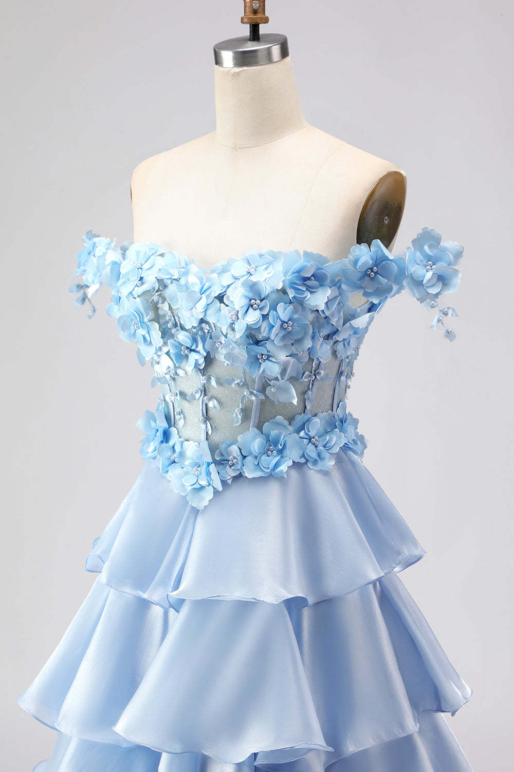Floral Light Blue A-Line Tiered Long Corset Prom Dress with Ruffles