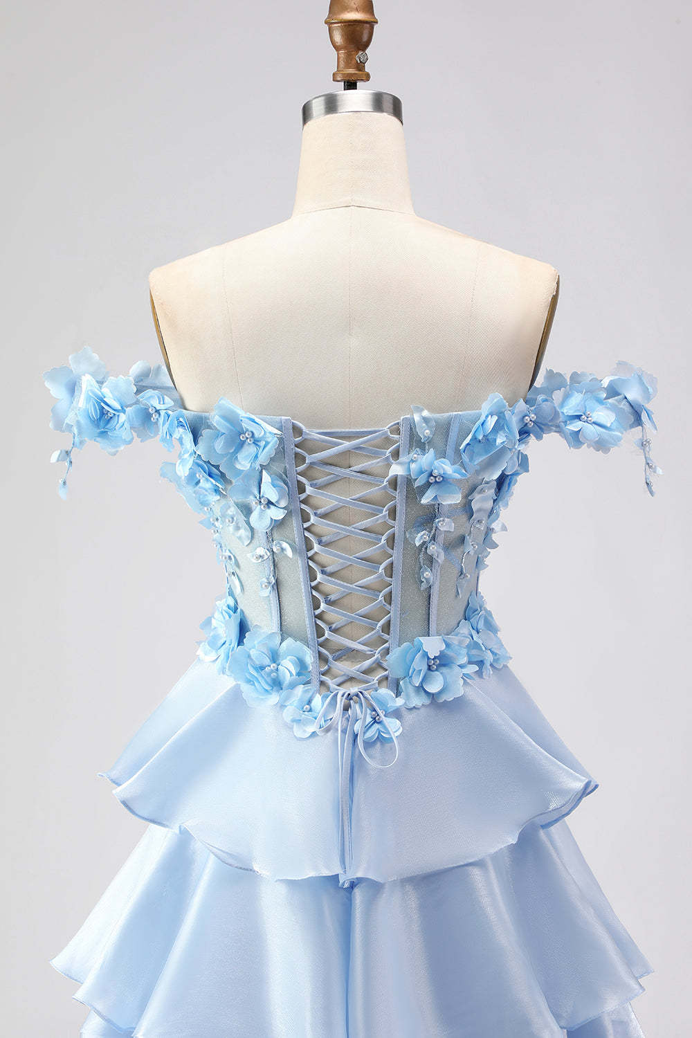 Floral Light Blue A-Line Tiered Long Corset Prom Dress with Ruffles