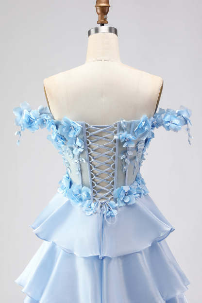Floral Light Blue A-Line Tiered Long Corset Prom Dress with Ruffles