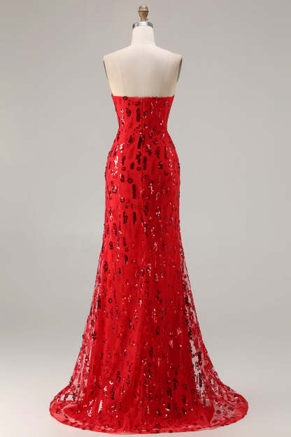 Sparkly Red Strapless Long Sequin Prom Dress with Slit