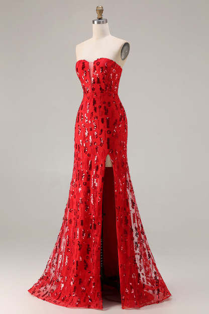 Sparkly Red Mermaid Strapless Long Sequin Prom Dress with Slit