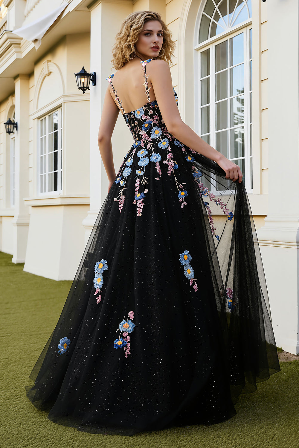 Sparkly Black Floral Tulle A Line Long Prom Dress with Beading