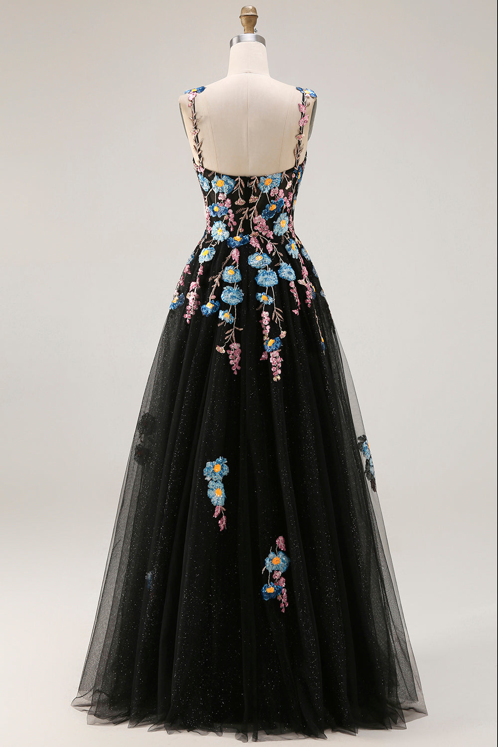 Floral Black Spaghetti Straps A Line Long Tulle Prom Dress with Embroidery