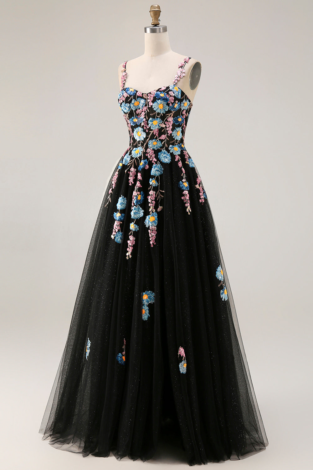 Floral Black Spaghetti Straps A Line Long Tulle Prom Dress with Embroidery